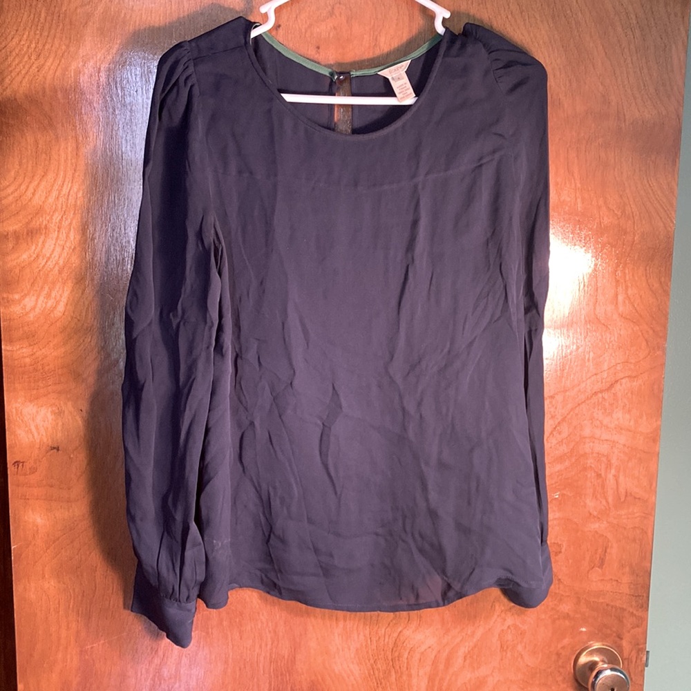 Navy silk dress blouse with covered button detail
